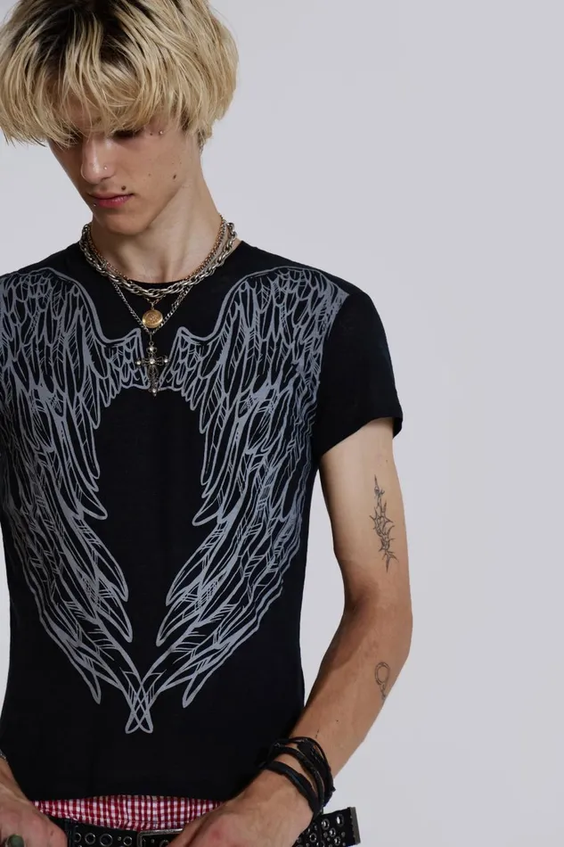 Jaded London Washed Black Wing Print Tshirt Men TShirts and Vests