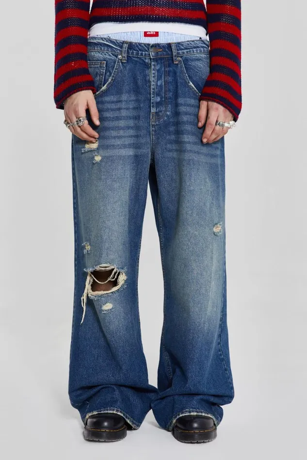 Jaded London Washed Blue Busted Flare Colossus Jeans Men Bootcut Jeans