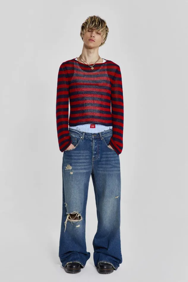 Jaded London Washed Blue Busted Flare Colossus Jeans Men Bootcut Jeans