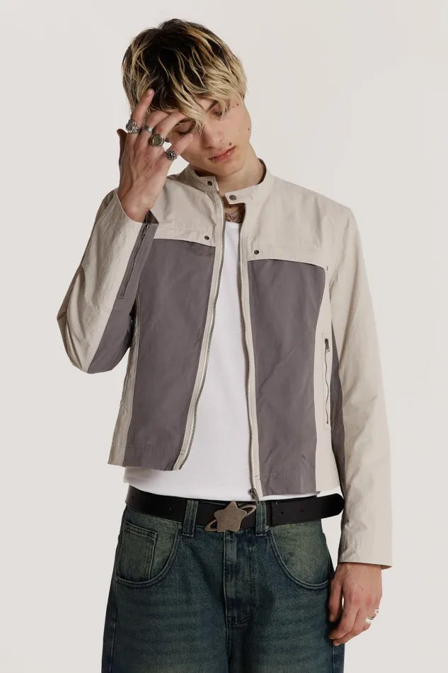 Jaded London White and Grey Panelled Moto Jacket Men Outerwear