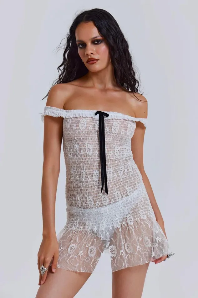 Jaded London White Gathered Lace Mini Dress Women Mini Dresses
