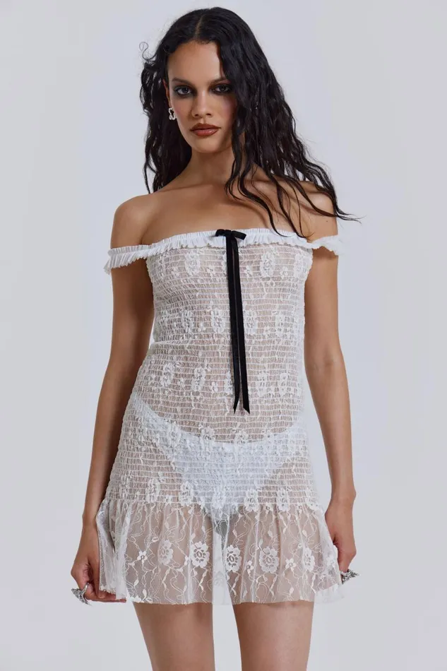 Jaded London White Gathered Lace Mini Dress Women Mini Dresses