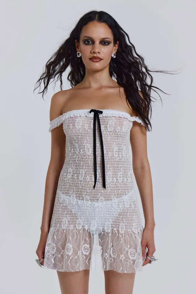 Jaded London White Gathered Lace Mini Dress Women Mini Dresses