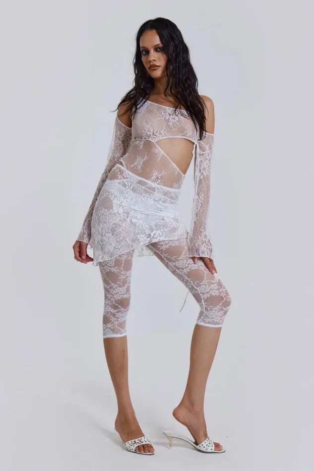 Jaded London White Long Sleeve Mixed Lace Mini Dress With Slash Cut Out Detail Women Mini Dresses