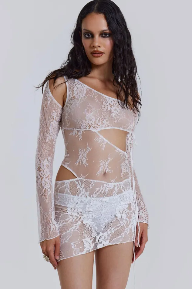 Jaded London White Long Sleeve Mixed Lace Mini Dress With Slash Cut Out Detail Women Mini Dresses