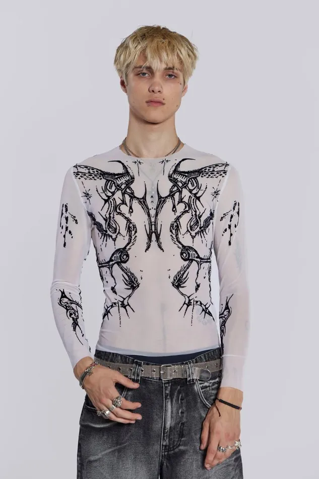 Jaded London White Long Sleeve With Flock Tattoo Print Men TShirts and Vests