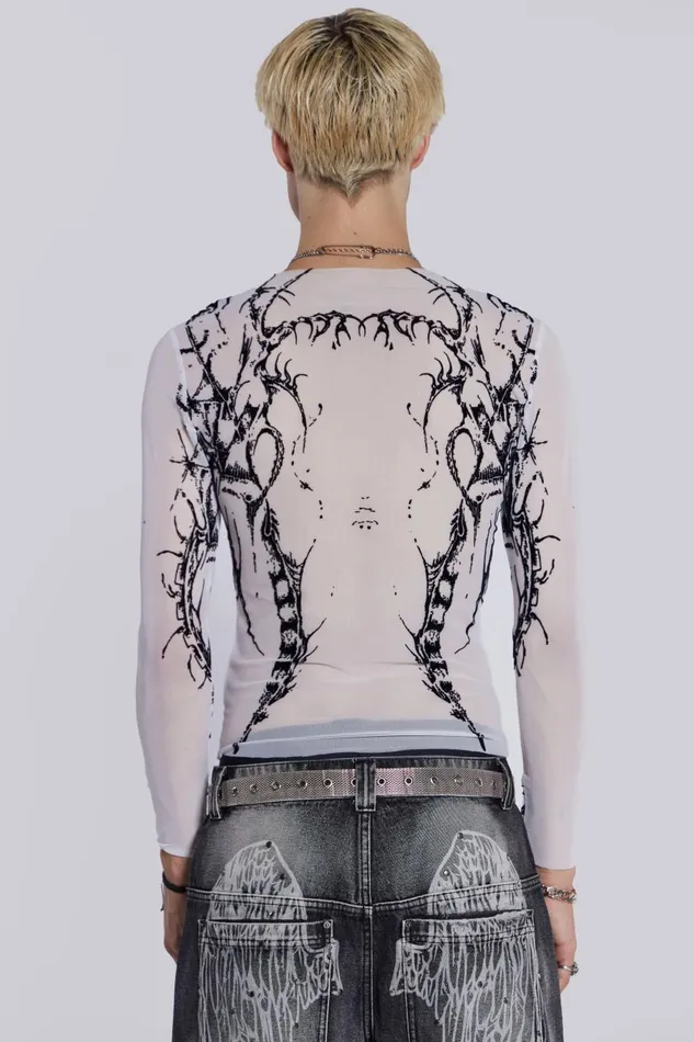 Jaded London White Long Sleeve With Flock Tattoo Print Men TShirts and Vests