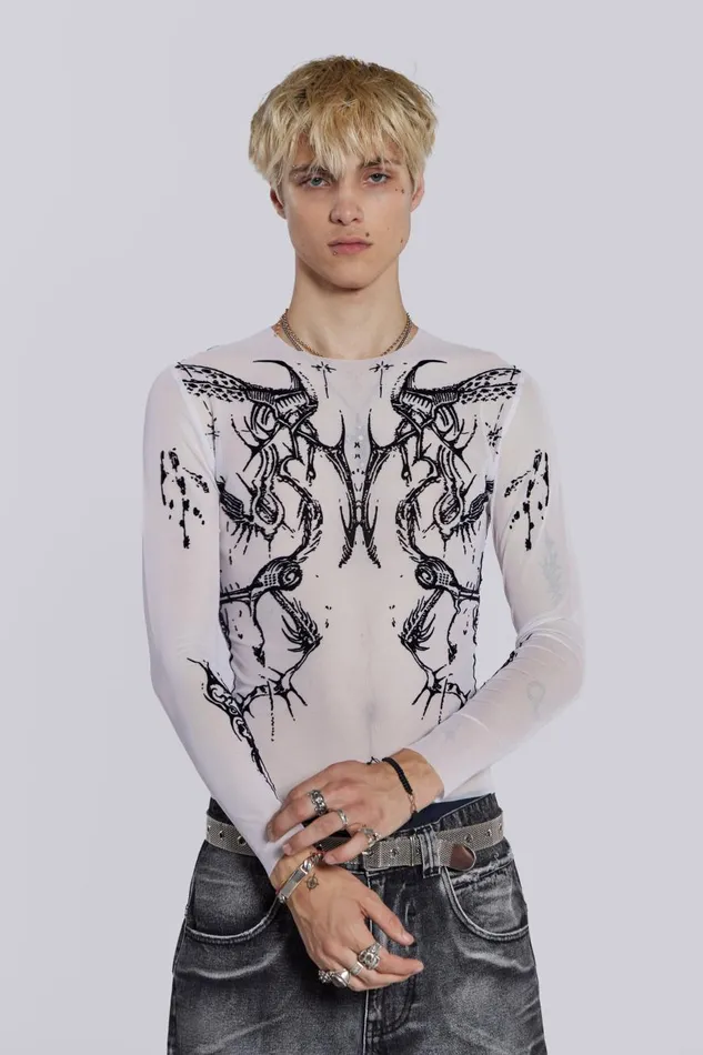 Jaded London White Long Sleeve With Flock Tattoo Print Men TShirts and Vests