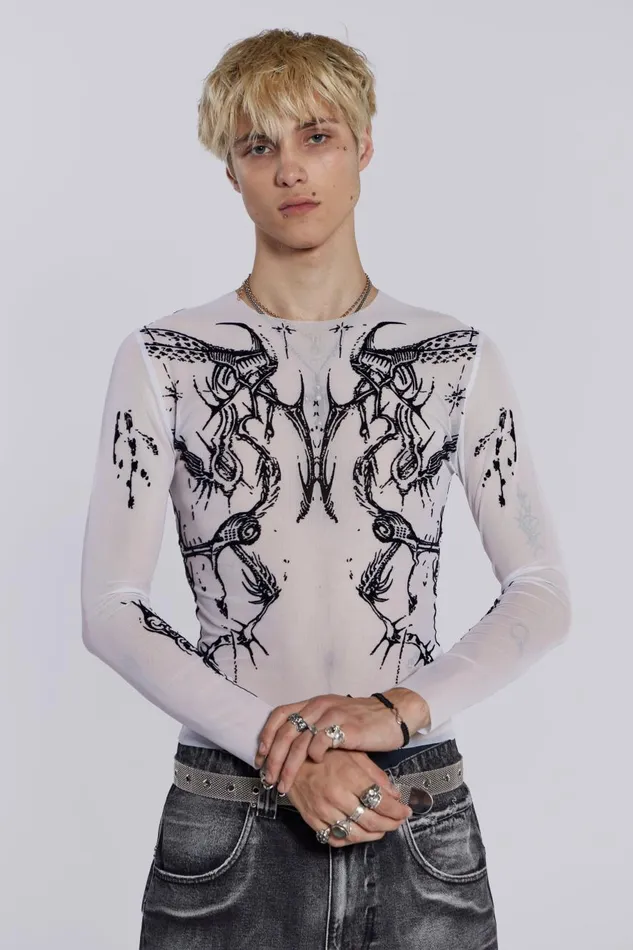 Jaded London White Long Sleeve With Flock Tattoo Print Men TShirts and Vests