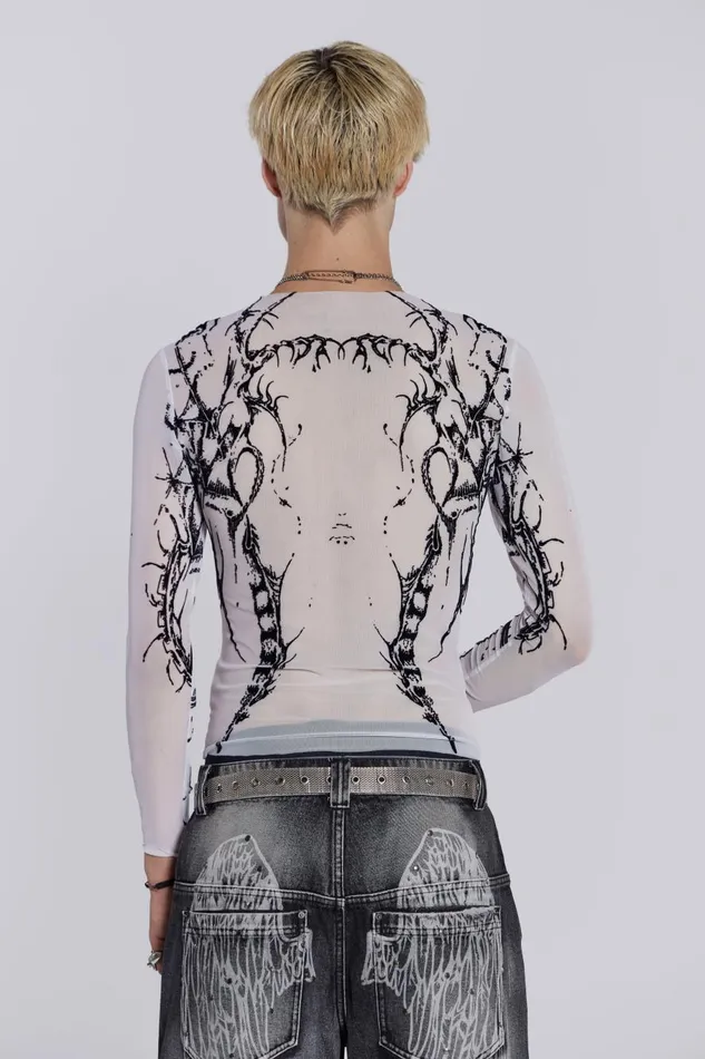 Jaded London White Long Sleeve With Flock Tattoo Print Men TShirts and Vests