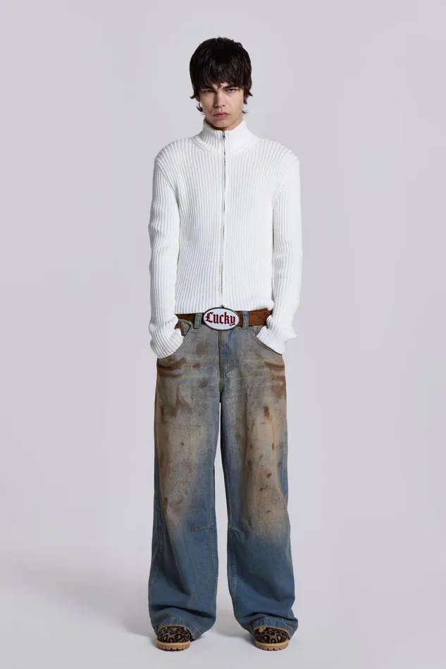 Jaded London White Lucid Knit Track Top Men Knitwear
