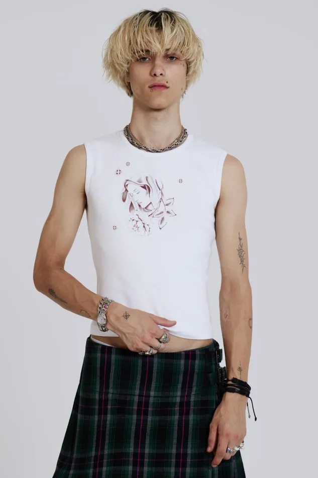 Jaded London White Vest With Mother Mary Print Men TShirts and Vests