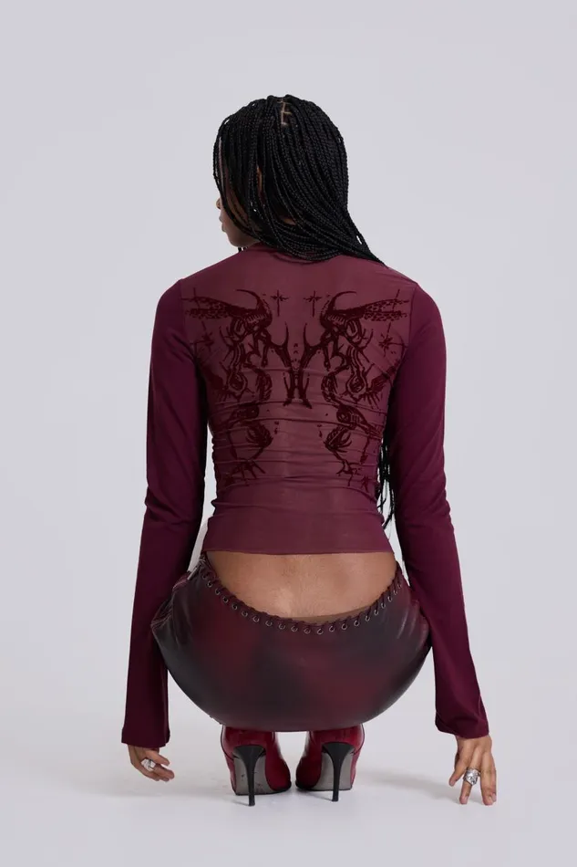 Jaded London Wine Wings Mesh Top Women Long Sleeve Tops