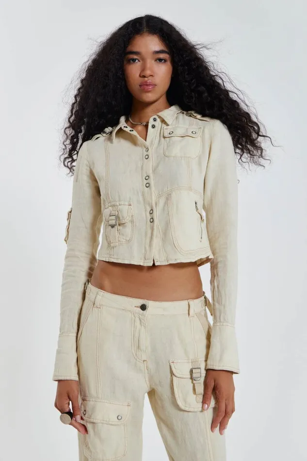 Jaded London Y2K Ecru Linen Cargo Shirt Women CoOrds