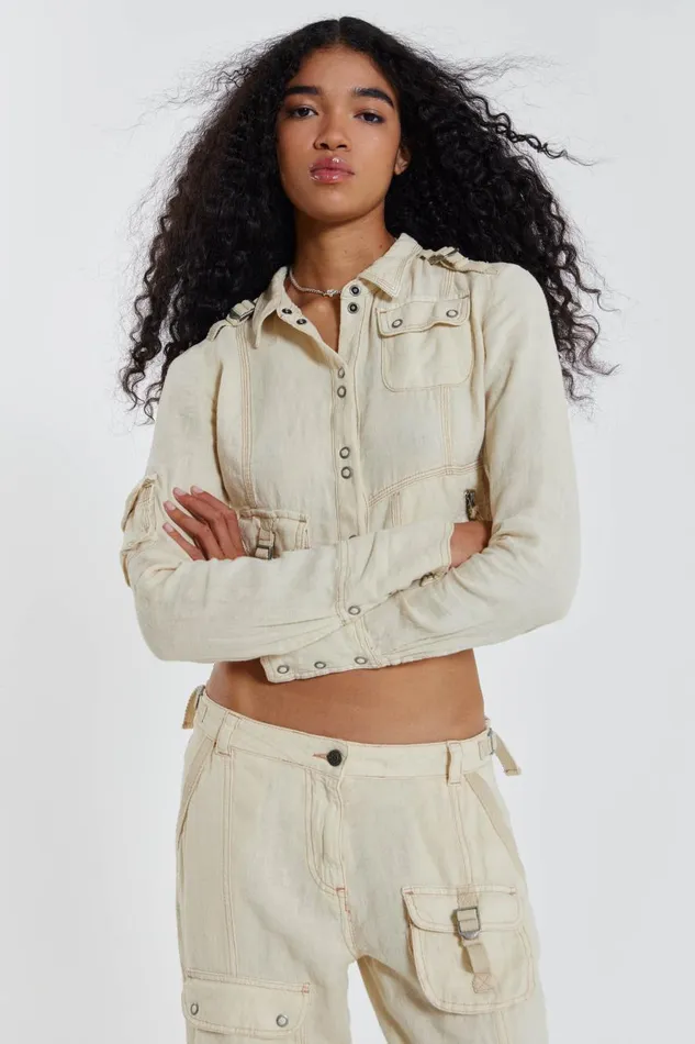 Jaded London Y2K Ecru Linen Cargo Shirt Women CoOrds