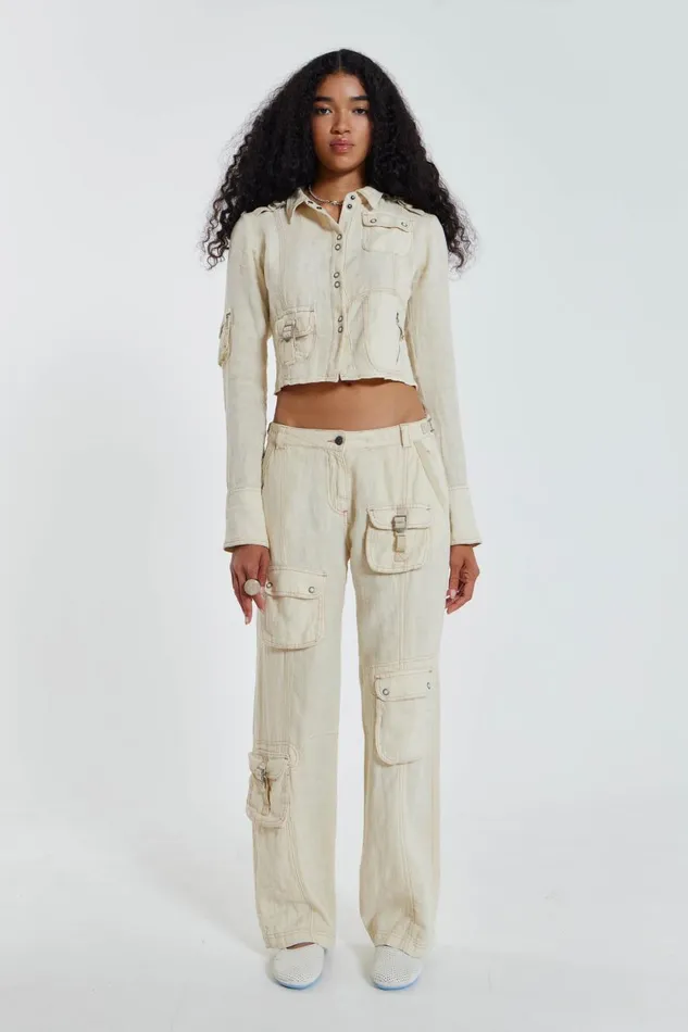 Jaded London Y2K Ecru Linen Cargo Shirt Women CoOrds