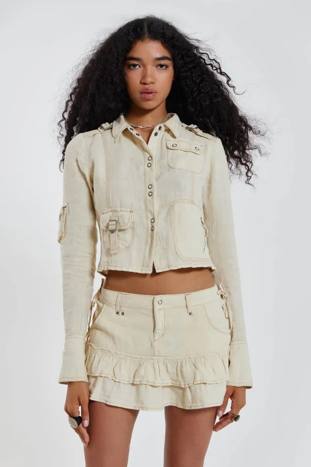 Jaded London Y2K Ecru Linen Cargo Shirt Women CoOrds