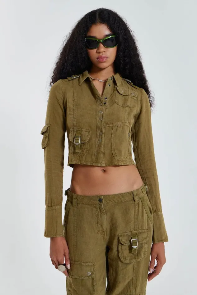 Jaded London Y2K Khaki Linen Cargo Shirt Women CoOrds