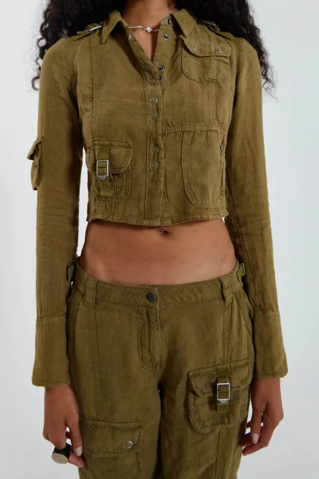 Jaded London Y2K Khaki Linen Cargo Shirt Women CoOrds