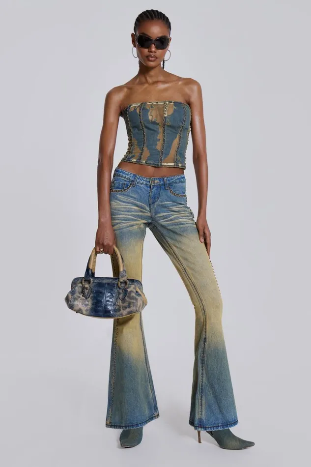 Jaded London Yellow Sand Wash Flared Low Rise Jeans Women Jeans