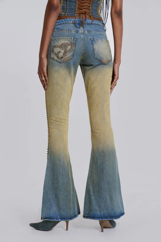 Jaded London Yellow Sand Wash Flared Low Rise Jeans Women Jeans