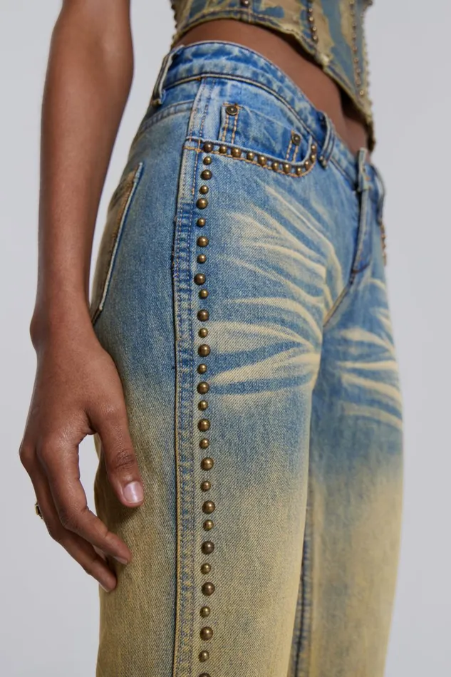 Jaded London Yellow Sand Wash Flared Low Rise Jeans Women Jeans