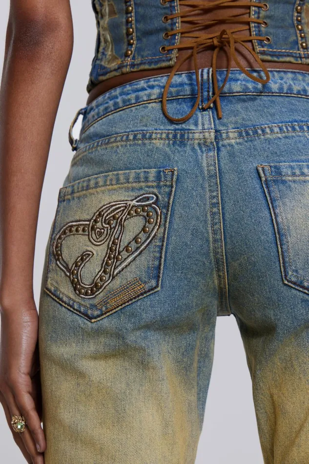 Jaded London Yellow Sand Wash Flared Low Rise Jeans Women Jeans