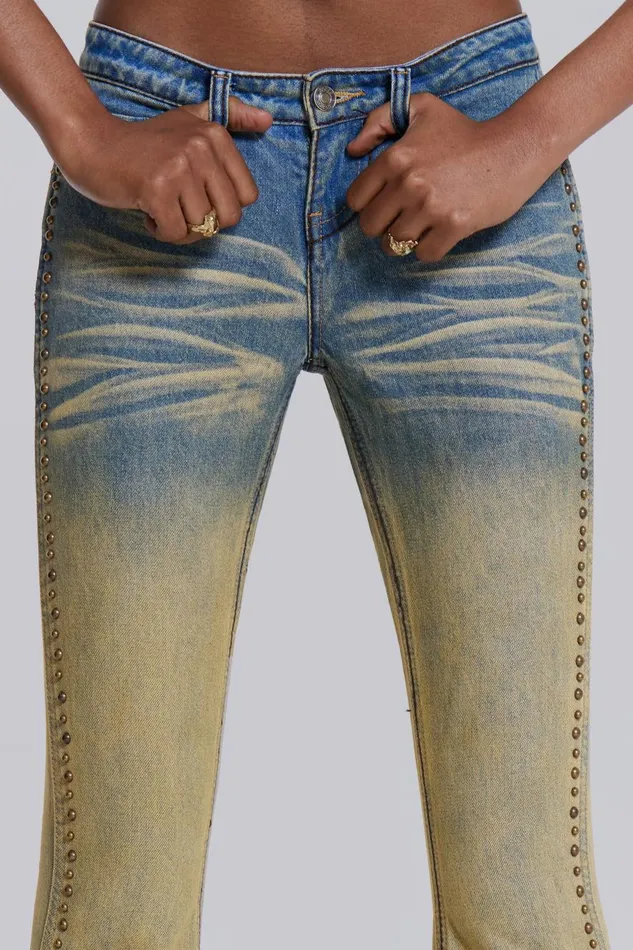 Jaded London Yellow Sand Wash Flared Low Rise Jeans Women Jeans