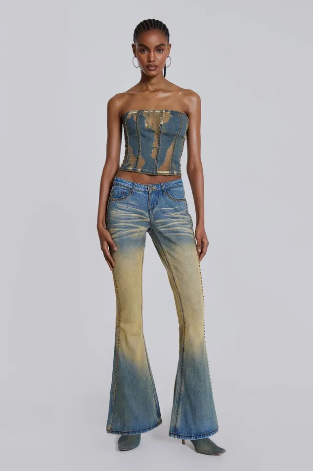 Jaded London Yellow Sand Wash Flared Low Rise Jeans Women Jeans