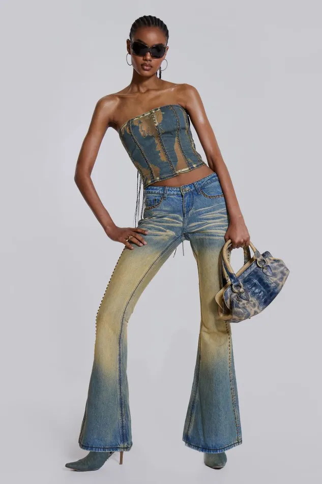Jaded London Yellow Sand Wash Flared Low Rise Jeans Women Jeans