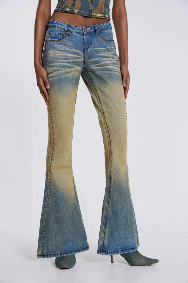 Jaded London Yellow Sand Wash Flared Low Rise Jeans Women Jeans