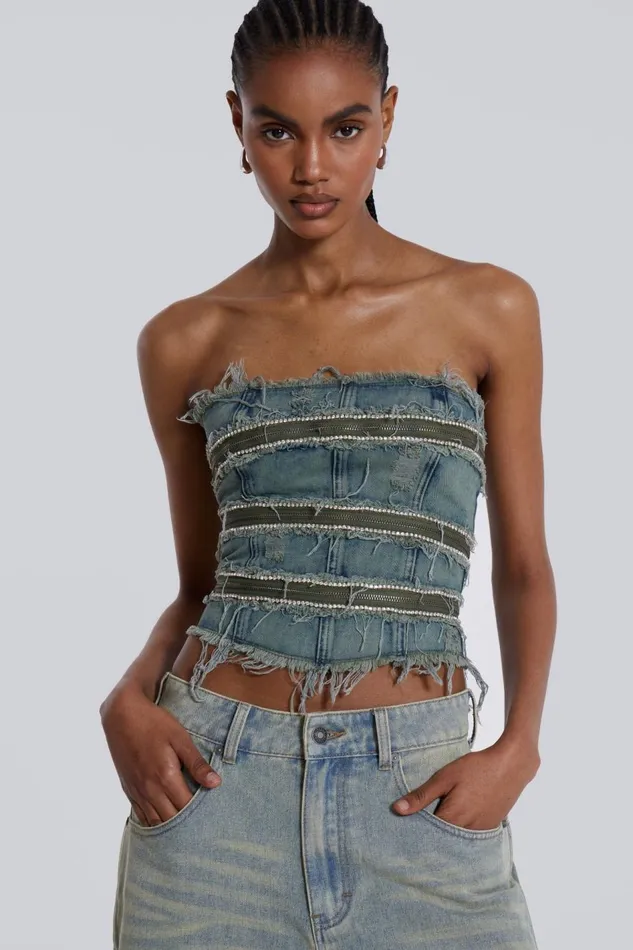 Jaded London Zip Diamante Denim Corset Top Women Crop Tops