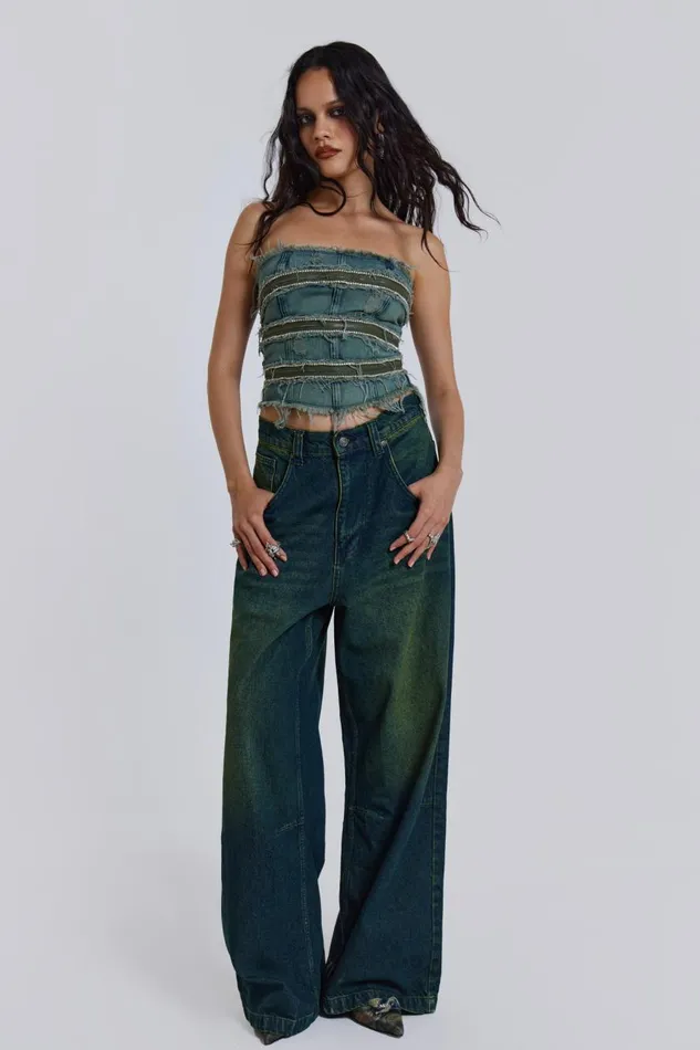 Jaded London Zip Diamante Denim Corset Top Women Crop Tops