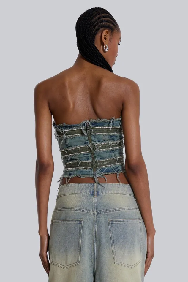 Jaded London Zip Diamante Denim Corset Top Women Crop Tops