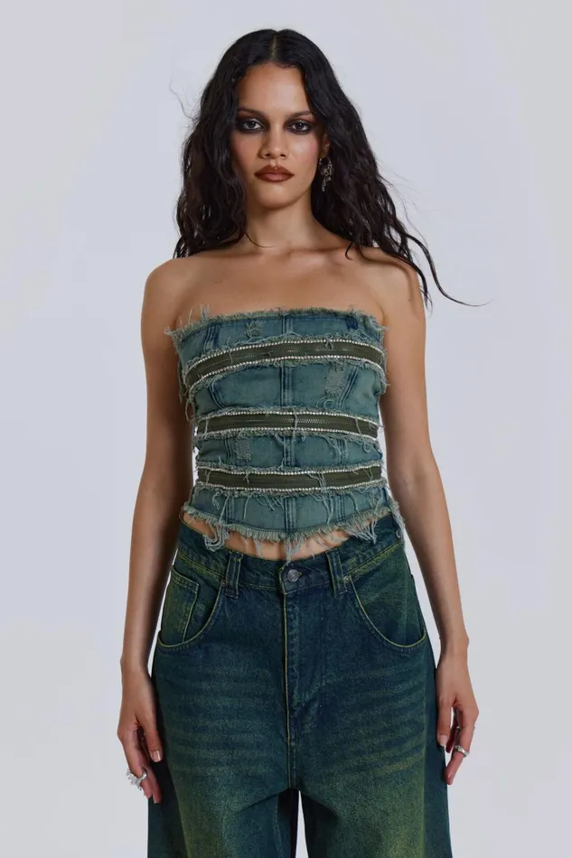 Jaded London Zip Diamante Denim Corset Top Women Crop Tops