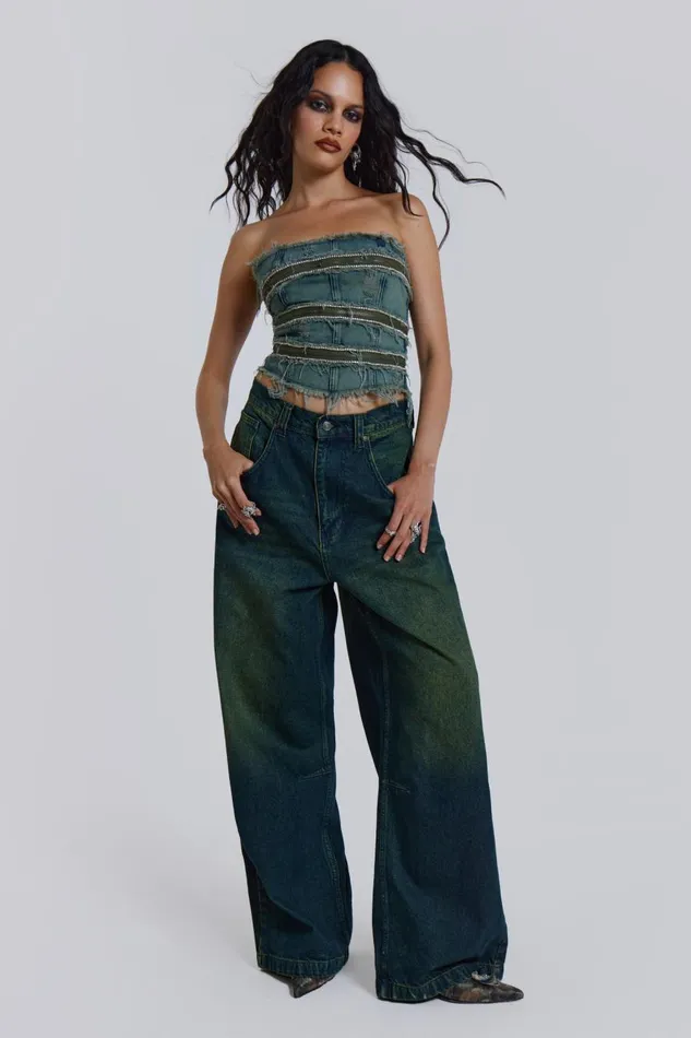 Jaded London Zip Diamante Denim Corset Top Women Crop Tops