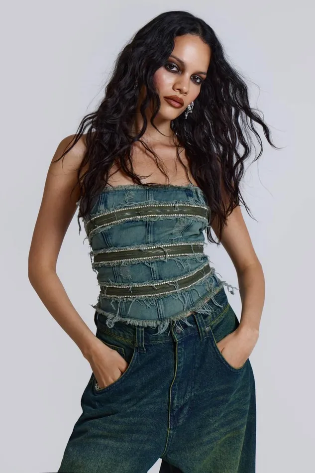 Jaded London Zip Diamante Denim Corset Top Women Crop Tops