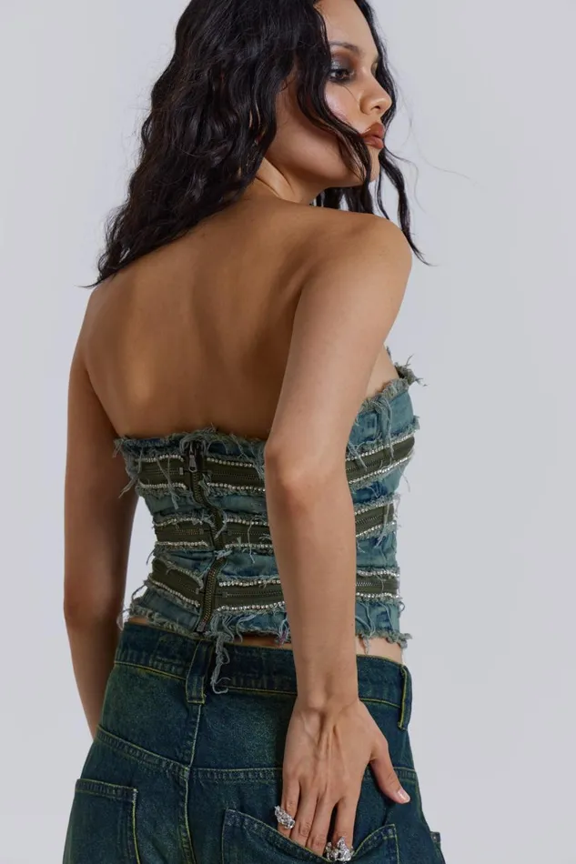 Jaded London Zip Diamante Denim Corset Top Women Crop Tops
