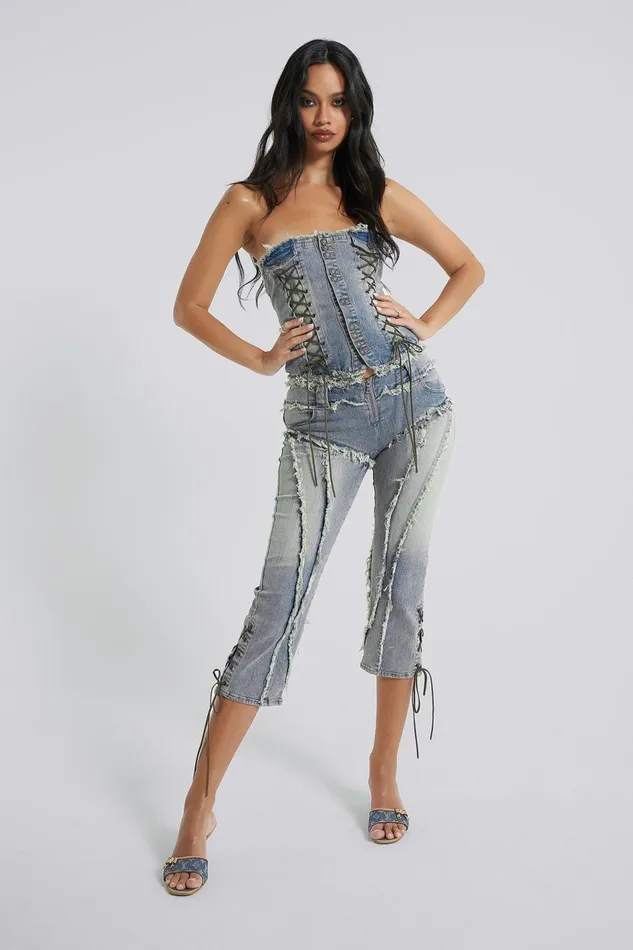Jaded London Zip Off Blue Denim Corset Jumpsuit Women Shorts and Jorts
