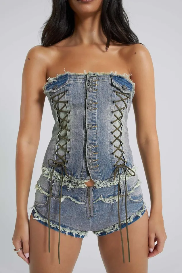 Jaded London Zip Off Blue Denim Corset Jumpsuit Women Shorts and Jorts