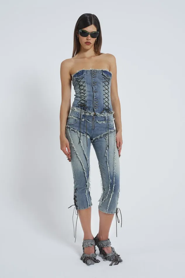 Jaded London Zip Off Blue Denim Corset Jumpsuit Women Shorts and Jorts