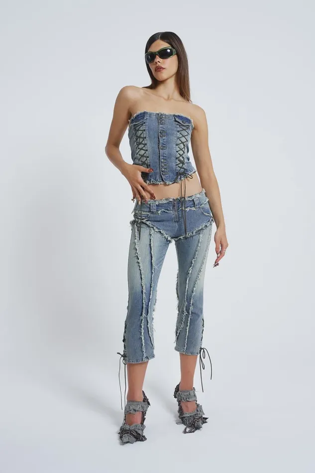 Jaded London Zip Off Blue Denim Corset Jumpsuit Women Shorts and Jorts