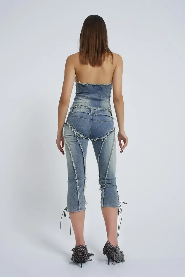 Jaded London Zip Off Blue Denim Corset Jumpsuit Women Shorts and Jorts