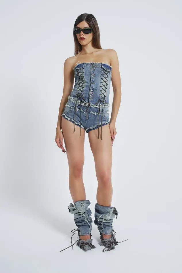 Jaded London Zip Off Blue Denim Corset Jumpsuit Women Shorts and Jorts