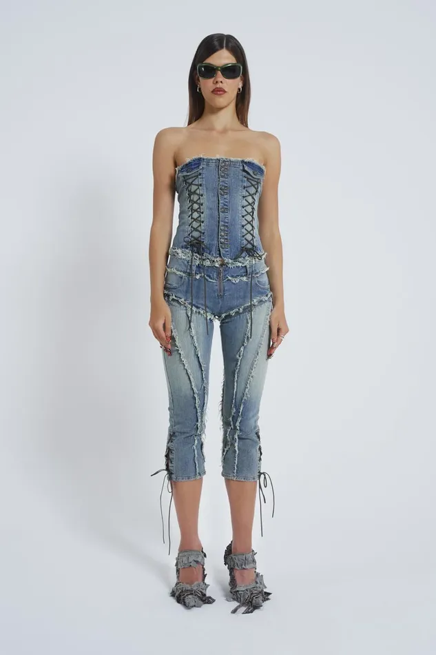 Jaded London Zip Off Blue Denim Corset Jumpsuit Women Shorts and Jorts