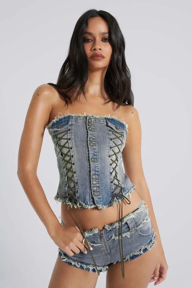 Jaded London Zip Off Blue Denim Corset Jumpsuit Women Shorts and Jorts