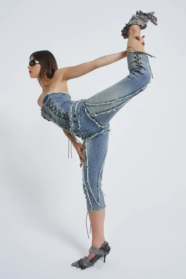 Jaded London Zip Off Blue Denim Corset Jumpsuit Women Shorts and Jorts