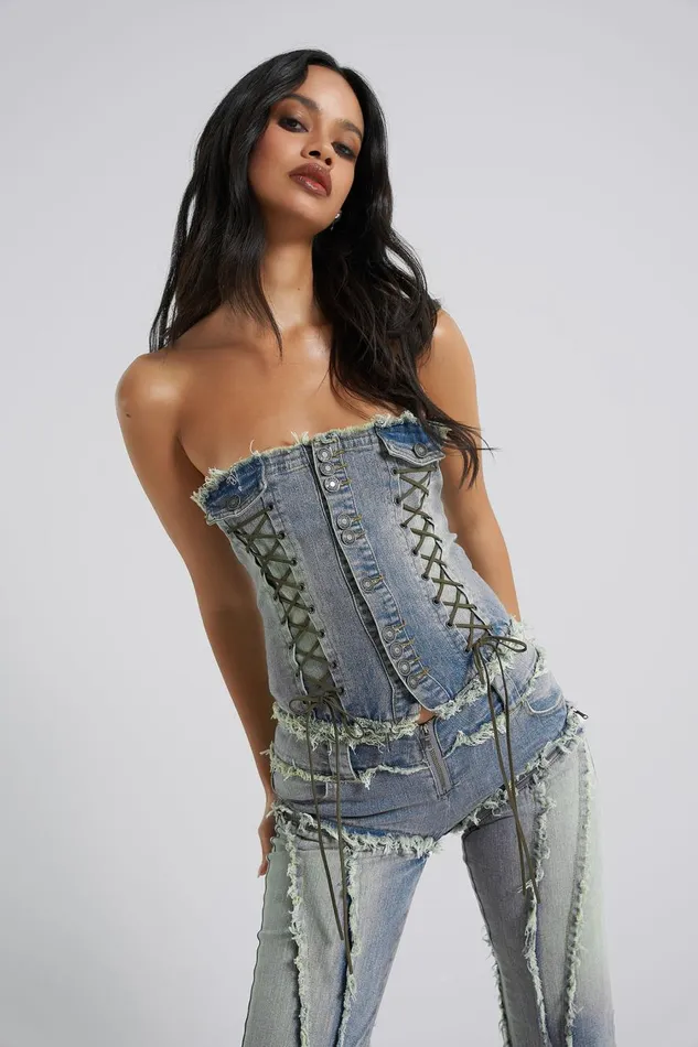 Jaded London Zip Off Blue Denim Corset Jumpsuit Women Shorts and Jorts