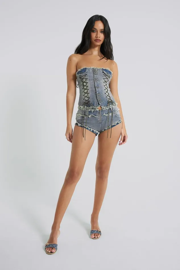 Jaded London Zip Off Blue Denim Corset Jumpsuit Women Shorts and Jorts