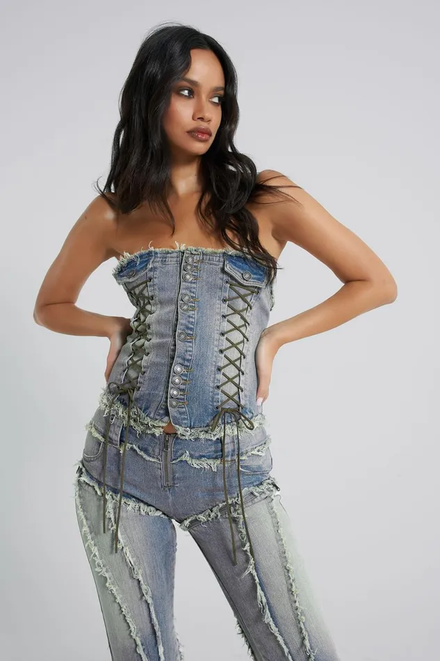 Jaded London Zip Off Blue Denim Corset Jumpsuit Women Shorts and Jorts
